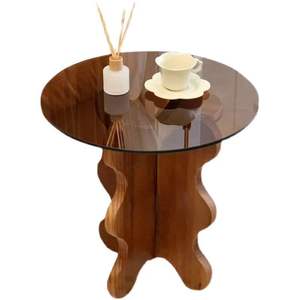 Mesa Auxiliar de Estilo Retro Francés con Pétalos, Mesa de Centro de Madera Maciza con Vidrio Templado en Forma de Ola, Redonda de 50 cm de Diámetro, Moderna para Sala de Estar - Product Image 5