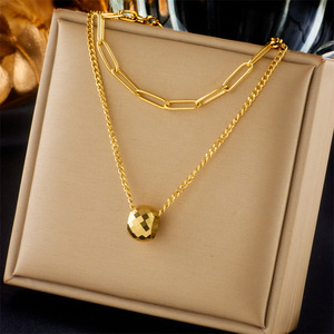 Double Layer Geometric Faceted Ball Pendant Necklace Gold Stainless Steel Chain Fashion Jewelry - Product Image 1