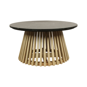 Mesa de Centro Moderna Redonda con Tapa de Mármol Negro y Base de Madera con Listones, Mesa de Salón de Lujo, Duradera y Elegante - Product Image 2