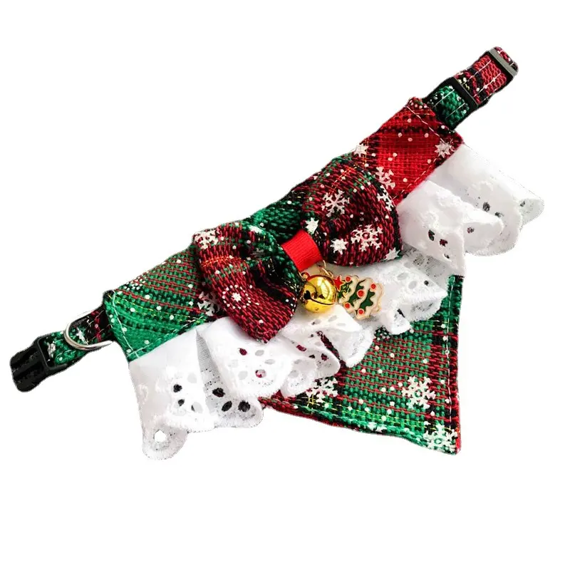 クリスマスペットビブスカーフチェック柄ボウサリバタオルベルペンダント犬猫首輪ネックレスグルーミングアクセサリー