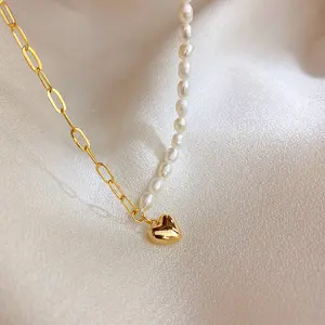 Kalung Choker Hati Cinta Mutiara Air Tawar Lapisan Emas Asli 18K Logam Kualitas Tinggi untuk Wanita dan Anak Perempuan