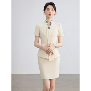 Women's Apricot Short Sleeve Suit Set Summer 2026 Professional Workwear Formal Host Attire Beauty Salon Uniform Polyester - Product Image 1