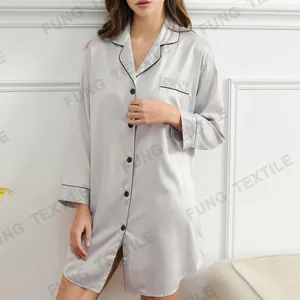 Fung 6011 Custom Vrouw Satijn Slaap Shirt Lange Mouwen Shirt Dress Party Satin Bruidsmeisje Nacht Shirt