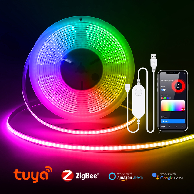 ZigBee W/WW/RGB LED Strip Smart Tuya Alexa Lights USB 5V Dimmable COB Neon Tape With LED Controller Home Room Bedroom Decoration