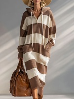 2026 Herbst/Winter Gestreifter Kapuzenpullover Lässiges Waschbares Locker Sitzendes Damen-Maxikleid