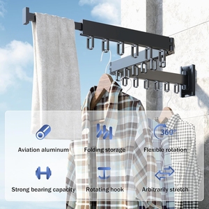 Porte-vêtements mural pliable en aluminium avec crochets robustes, installation <span class=keywords><strong>sans</strong></span> perçage pour balcon, chambre ou salle de bain - Product Image 3