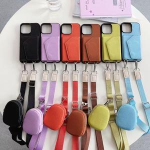 Étui de téléphone avec miroir de maquillage, cordon de cou, pour Apple 16 Pro Iphone15 <span class=keywords><strong>Samsung</strong></span> S24, cuir de litchi avancé, porte-monnaie - Product Image 1