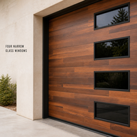Porte de garage automatique à enroulement en aluminium avec panneaux imitation bois et quatre fenêtres étroites pour projets de villas et d'usines