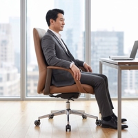 Chaise de bureau ergonomique moderne en cuir, hauteur réglable, base pivotante, fonction de levage, accoudoirs en fibre de carbone, base en métal, pivotante