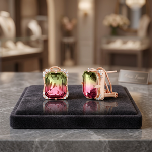 Boucles d'oreilles clous en argent 925 plaqué rhodium, serties de zircone cubique imitation tourmaline pastèque taille émeraude, cadeau pour mariage et fête - Product Image 2