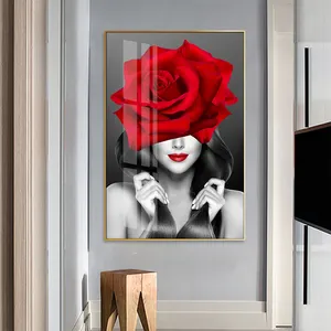 لوحة قماشية حديثة مطبوعة بنمط أبيض وأسود لوحة جدارية بورتريه امرأة مثيرة وردة حمراء لوحة جدارية ديكور منزلي