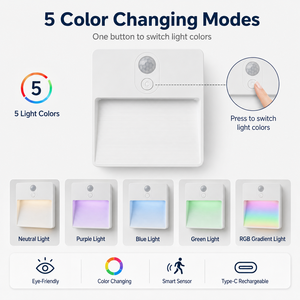 Rechargeable Motion <b>Sensor</b> Night <b>Light</b> 5 Color Changing LED Wall Lamp PIR Human Body <b>Sensor</b> Type-C Night <b>Light</b> - Product Image 2