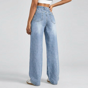 Jeans de Cintura Alta, Talla Grande, Corte Ancho y Holgado para Mujer, <span class=keywords><strong>Pantalones</strong></span> de Mezclilla Elástica, MOQ Bajo, Listos para Enviar, Plazo de Entrega de 15 Días - Product Image 4