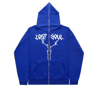 เสื้อฮู้ดซิป Lost Soul สำหรับผู้ชาย สีน้ำเงิน ผ้าฝ้าย ทรงปกติ สไตล์สตรีทแวร์ - Product Image 1