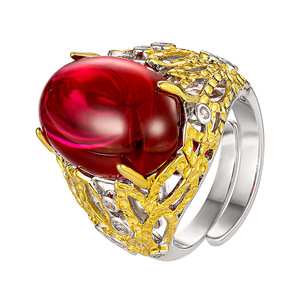 Bijoux écologiques en cuivre plaqué or, ovales, 13*18 mm, avec corindon rouge et zircon, pour femmes, grandes bagues à bande creuse - Product Image 1