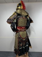 Vestes et Manteaux de Guerrier Chinois Ancien avec Chaîne Dorée, Bordure Noire et Rouge, Plume Rouge, Casque Doré pour Hommes