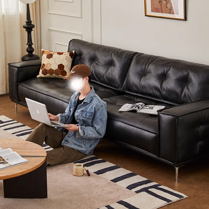 Mid-century French Retro Waxed Top Grain Leather Straight <b>Sofa</b> in <b>Black</b> for Small Living Room - Product Image 2