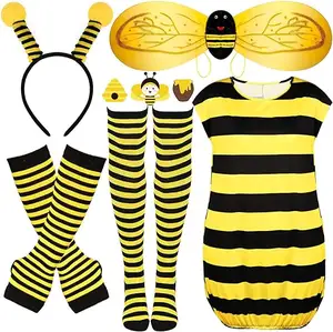 成人蜜蜂套装鹿角头带护臂袜子翅膀连衣裙万圣节角色扮演圣诞派对装扮服装黄色
