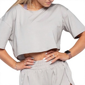 Women's Oversized Cropped Workout <b>Tank</b> <b>Top</b> <b>Loose</b> Fit Short Sleeve Breathable 100% Cotton Athletic Yoga Gym Casual Gray - Product Image 1