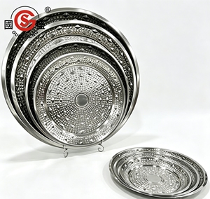 Plato de Servir de Acero Inoxidable con Patrón de Diamantes, Venta al por Mayor de Fábrica, Bandeja Decorativa Redonda de 25cm-60cm para Hotel, Banquete de Boda, Comida - Product Image 1