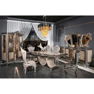 Turkish Furniture Luxury Antique Royal Hand Carved Living Room Furniture Dining Set Dining Table Chairs Black Gold Sofa Set