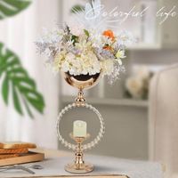 Accessoires de décoration de table, vase doré électro-plaqué, centre de table de mariage, support à fleurs en métal perlé