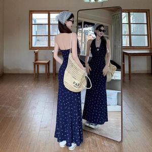 Blue Halter Neck Floral Print Fitted Waist Dress Women 2025 Summer Lace French Style Beach Vacation Vibe - Product Image 5
