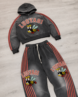 Ensemble de survêtement pour homme avec sweat à capuche zippé et pantalon de survêtement, broderie personnalisée effet vieilli, strass, délavé soleil et délavé à l'acide, fabrication sur mesure