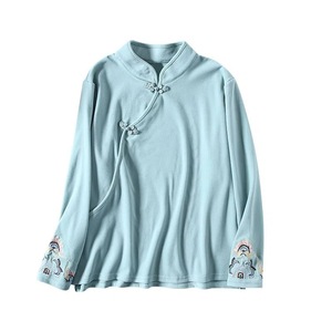 Women's Traditional Chinese Style Stand Collar Shirt Long Sleeve Embroidered Purple Slim Fit Spring Autumn Base Layer - Product Image 5
