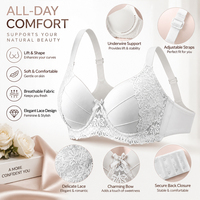 Soutien-gorge à armatures avec panneau en dentelle personnalisé, bonnets moulés, bretelles réglables, détail nœud, fermeture à agrafes dorsales, développement en usine, lingerie féminine