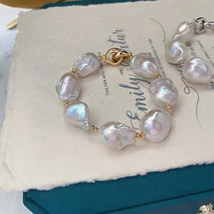 Pulsera de Perlas Naturales de Agua Dulce Barrocas Extra Grandes Hechas a Mano por WENCHI, 12-15 mm, Chapada en Cobre y Platino, Elegante Brazalete con Cuentas - Product Image 1
