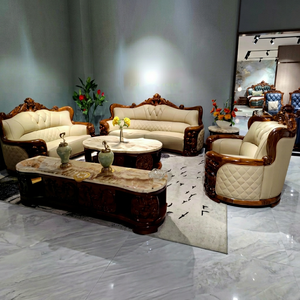 Modern European Design Genuine Leather <b>Sofa</b> <b>Set</b> with Tufted Back and Curved Arms Solid Wood Frame Living Room Furniture - Product Image 1
