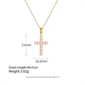 Collier en argent 925 plaqué or de style européen et américain pour femme, chaîne fine, pendentif croix en zircon rose, luxe léger, polyvalent et tendance - Product Image 3