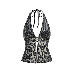 Top Corto Halter con Estampado de Leopardo y Lentejuelas para Mujer, Sexy, Sin Mangas, con Lazo en la Espalda, para Fiestas, Club, Citas Nocturnas, Salidas - Product Image 6