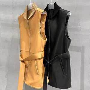 2023 Wholesale Real Leather Trench Vest Coat Women Black and <strong>Orange</strong> Women Leather Vest - Product Image 1