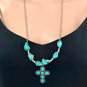 RTS Western Cowboy Necklace Indian Tribal Turquoise Bull Head Cross Pendant Necklace Boho Jewelry