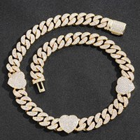 Chaîne cubaine en forme de cœur de 15 mm avec zircone cubique, collier hip-hop tendance pour homme en stock, chaîne Miami, bijoux bling pour rappeur, cadeau