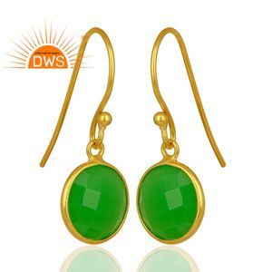 Pendientes de Calcedonia Verde Redonda, Proveedores de Joyería India Hecha a Mano, Pendientes Colgantes de Plata 925 Chapados en Oro - Product Image 2