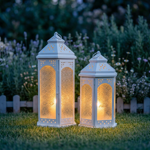 Venta al por Mayor de Portavelas Marroquíes Grandes de Metal Blanco con Vidrio Floral para Decoración del Hogar y Bodas - Product Image 3