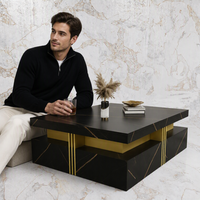 Table basse carrée moderne aspect marbre noir avec tiroirs de rangement, structure métallique, pour salon, salle à manger, hôtel, maison