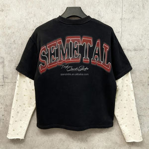 T-shirt imprimé à épaules tombantes de printemps OEM Chemise surdimensionnée à strass T-shirts graphiques à manches longues en éponge française double couche - Product Image 2