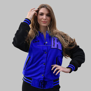 Vestes universitaires décontractées pour femmes OEM personnalisé Zaffre bleu corps noir manches coton polaire Letterman brodé Design - Product Image 1