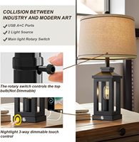 Lampe de table rétro noire de ferme Veilleuse de chevet à commande tactile Lampe en tissu vintage avec ports USB C + A et 2 sources lumineuses OEM