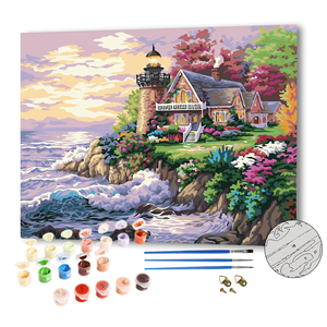 ภาพวาดสีน้ำมันบนผ้าใบ DIY ภาพประภาคารและบ้านริมทะเล ระบายสีตามตัวเลข ภาพตกแต่งบ้าน ภาพติดผนัง - Product Image 1