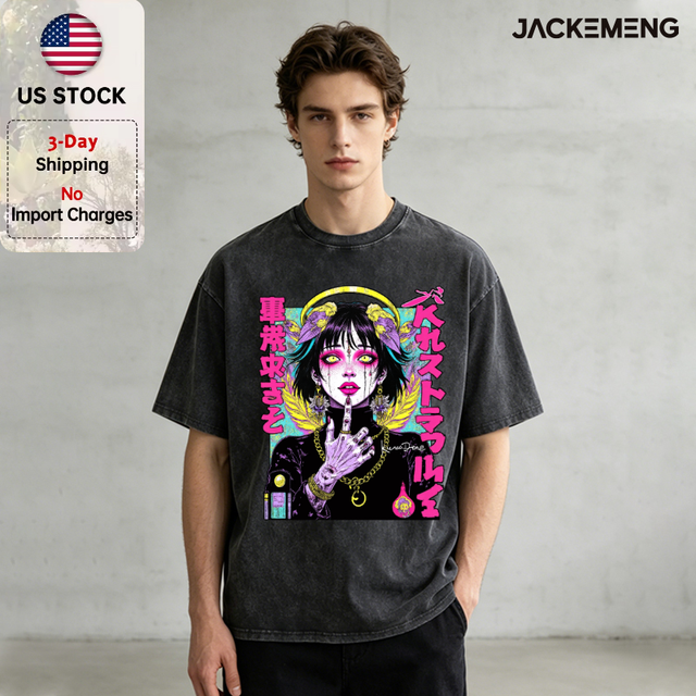 Washed Oversized Cotton Tee Anime-themed Cyberpunk Quote Print Retro Streetwear Casual Tshirt USA Warehouse Wholesale