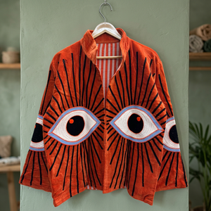 Luxury Orange Floral Printed <b>Velvet</b> Varsity <b>Jacket</b> with Covered Button Closure Cotton Lining Breathable Fabric for <b>Women</b> - Product Image 2