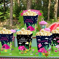 12 boîtes de faveur pour fête de glamping roses, boîtes à popcorn pour fête de glamping, décorations et fournitures pour fête de camping pour filles