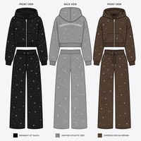 Ensemble sweat à capuche zippé OEM pour femme, imprimé étoiles en strass, coupe courte, pantalon évasé taille haute style kangourou, noir jais, streetwear Y2K, logo personnalisé