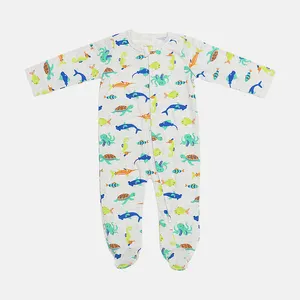CUSTOM Bamboo Fiber Spandex Long Sleeve Zipper Ocean Animal Pattern Baby Clothes Jumpsuit Romper Newborn Baby onesie Pajamas
