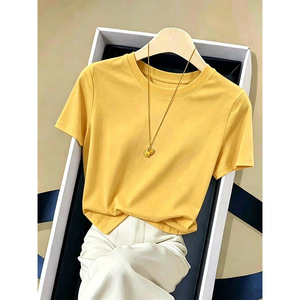 <span class=keywords><strong>Camiseta</strong></span> de Algodón Premium para <span class=keywords><strong>Mujer</strong></span>, Cuello Redondo, Manga Corta, Corte Ajustado, Color Sólido, Básica, Personalizable, Venta al Por Mayor - Product Image 3